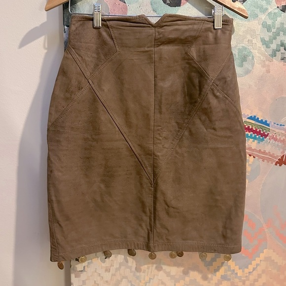 Vintage Dresses & Skirts - Vintage 1990s patchwork brown leather mini skirt with gold coin trim high waist